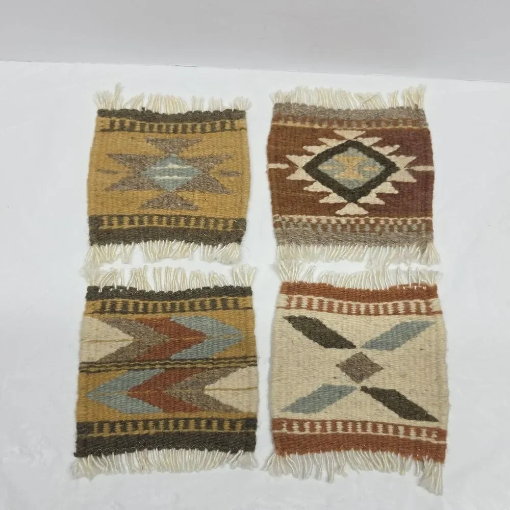 Vintage Native American Style Hand Woven Wool Mini Rug Coasters Set Of 4